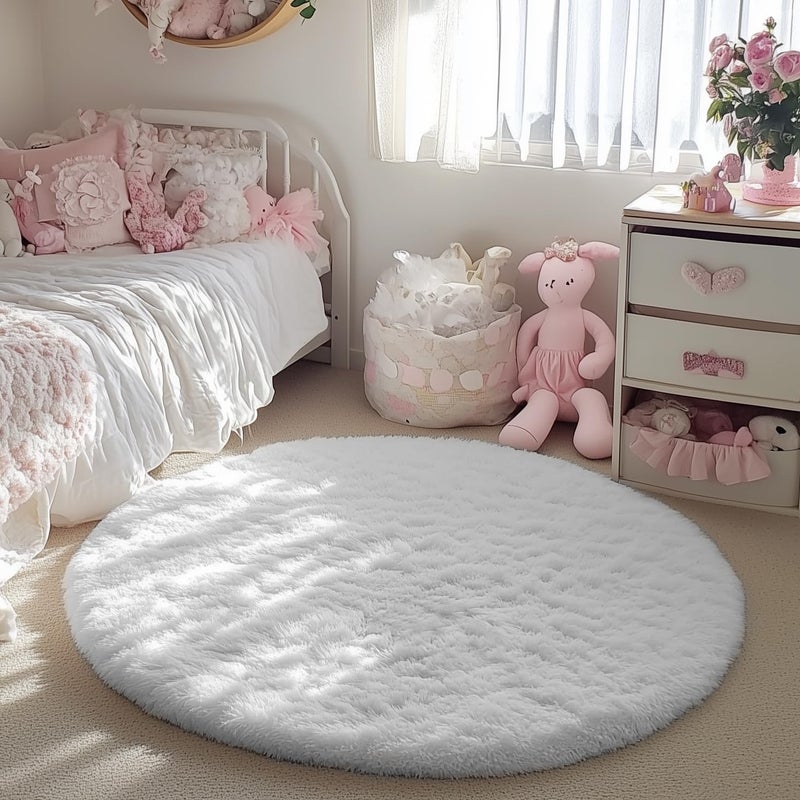 PAGISOFE Soft Round Rug 4Ft, Circle White Rugs for Girls Room Decor, Fluffy Carpets, Shaggy Nursery Rug,Comfy Circular Reading Carpets, Fuzzy Kids Rugs for Classroom Essentials Kids Playroom Dorm - Image 3